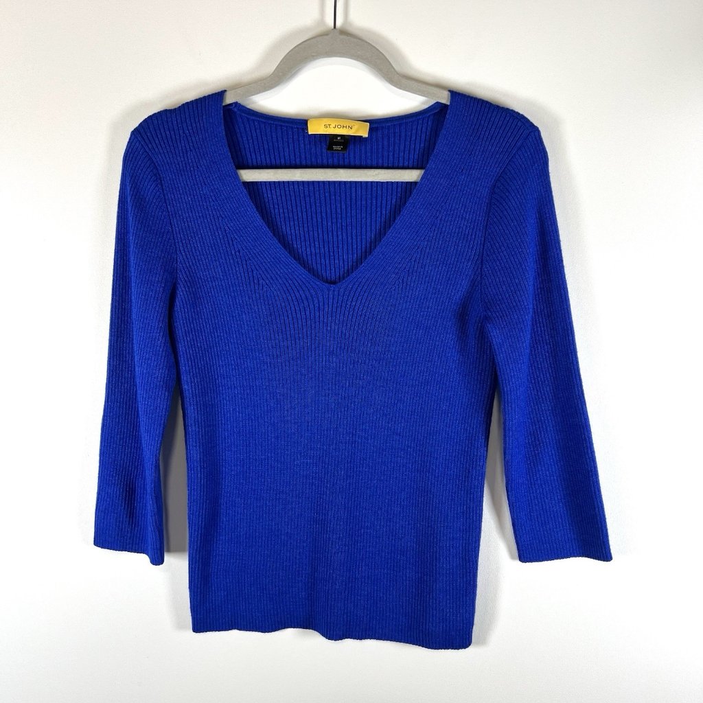 St. John Cobalt Blue Ribbed Knit Sweater Womens Sz M Designer Wool Silk Cashmere